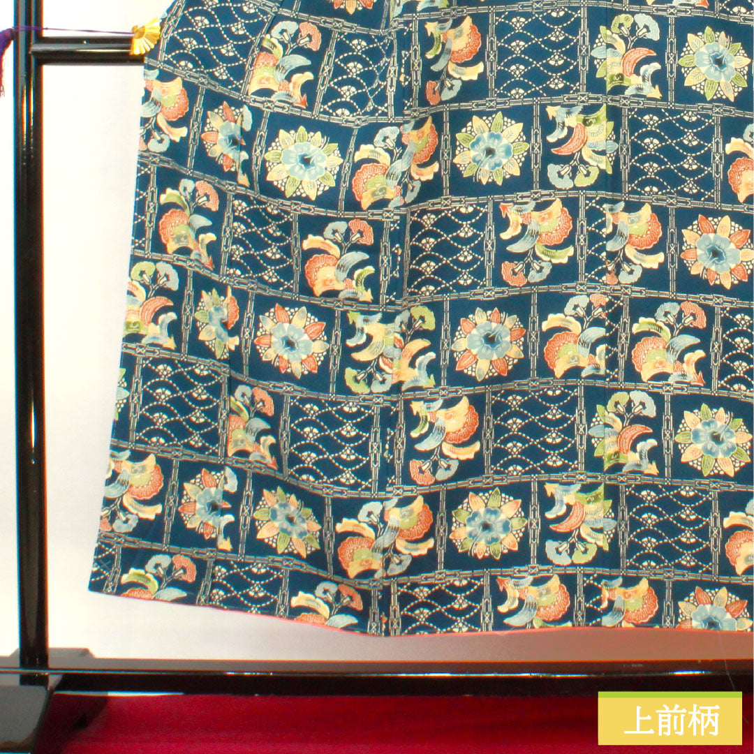 Komon, pure silk, length 153cm, sleeve length 62.5cm, lined, lining color (urairo), Kyoto Bingata, floral pattern, with basting thread, A rank, navy blue, 1115004343218