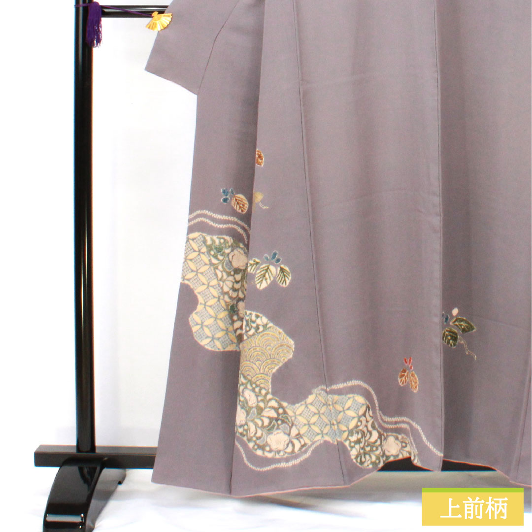 訪問着 正絹 袷 身丈159.5cm 裄丈63.5cm 紫鼠色(むらさきねずいろ) ちりめん地 辻ヶ花 道長取り 付下げ Aランク グレー系 1112005583322