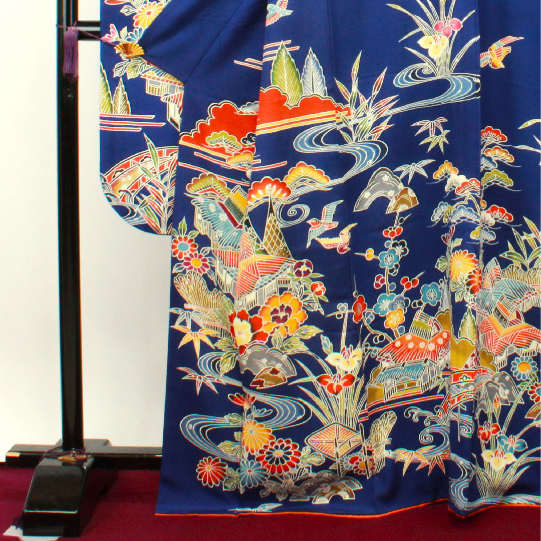 振袖 身丈167.5cm 裄丈68cm 袷 瑠璃色 京紅型 吉祥文様 正絹 Aランク 紺系 1113001773518