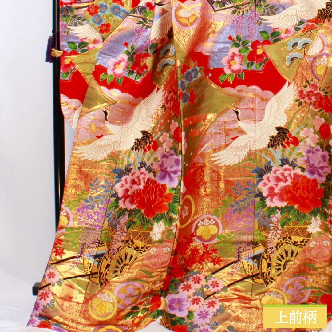 色打掛 正絹 Sランク 身丈191cm 裄丈64cm 赤色(あかいろ) 唐織 吉祥文様 鶴 花車 袷 赤系 1110001062912