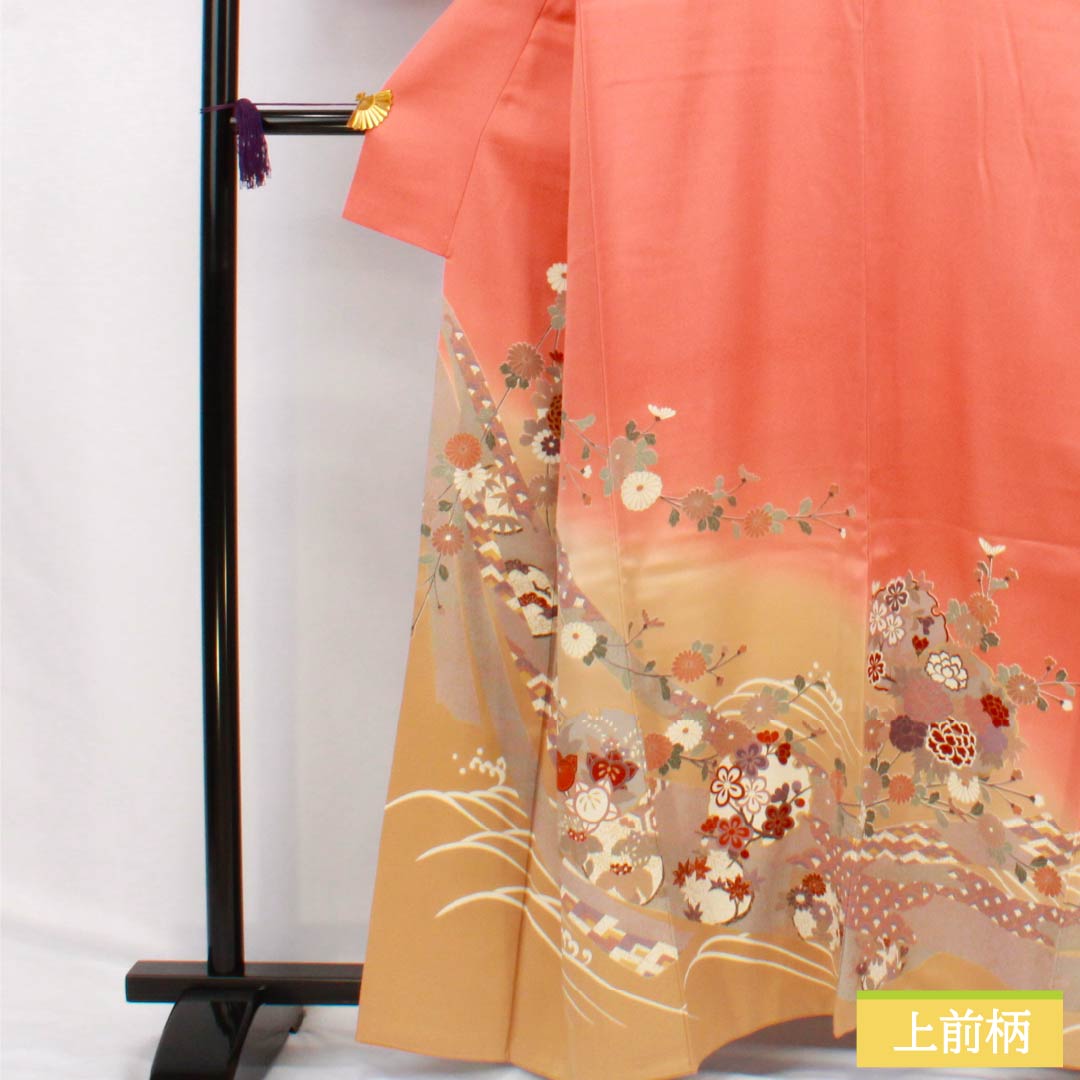 訪問着 正絹 Aランク 袷 身丈160.5cm 裄丈65.5cm 榴花紅色(リューホワホンいろ) 京友禅 雪輪 菊 橘 紗綾形 ピンク系 1112006233413