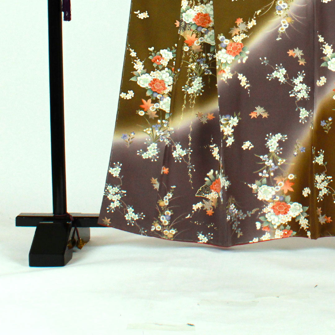 小紋 身丈164cm 裄丈67cm 袷 染め分け 草花模様 正絹 Sランク 緑系 1115001392419