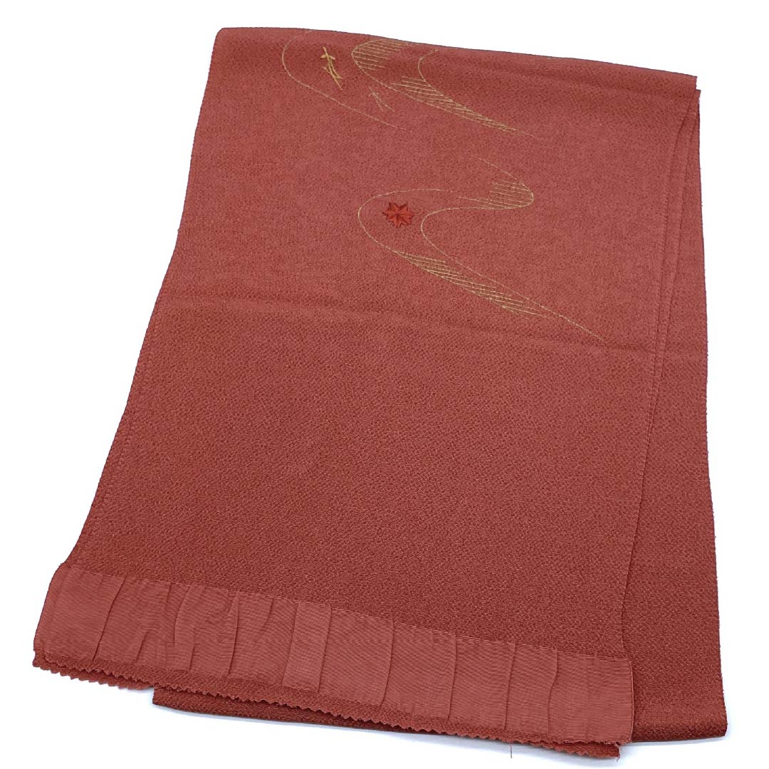 Obiage, pure silk, semi-formal, bengara color, autumn leaves, embroidery, classic pattern, length 170cm, width 29cm, S rank, brown, 1136000492914