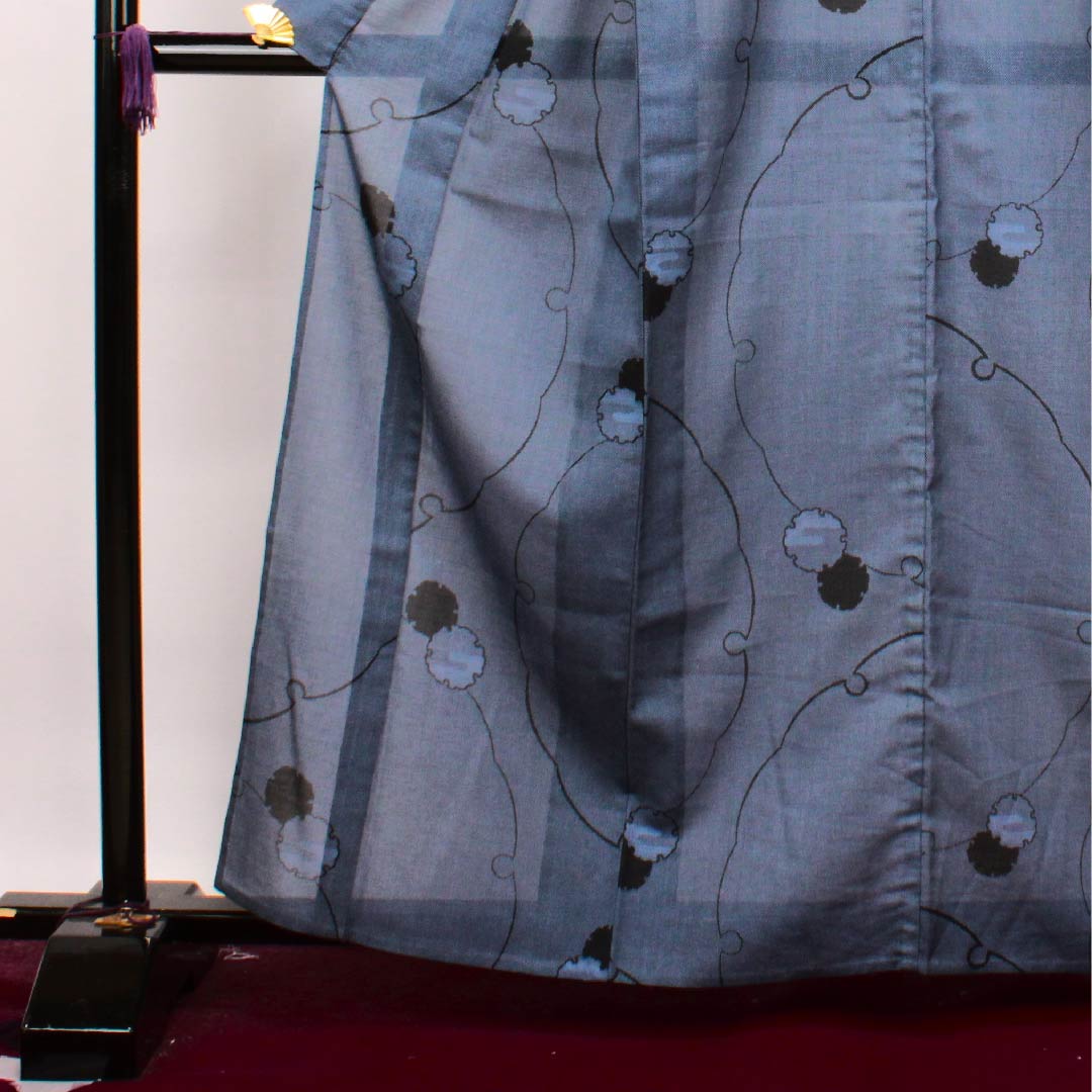 夏物 ポリエステル 小紋 身丈162.5cm 裄丈65cm 瞑色色(めいしょくいろ)雪輪 紗 Sランク 青系 1132000152417