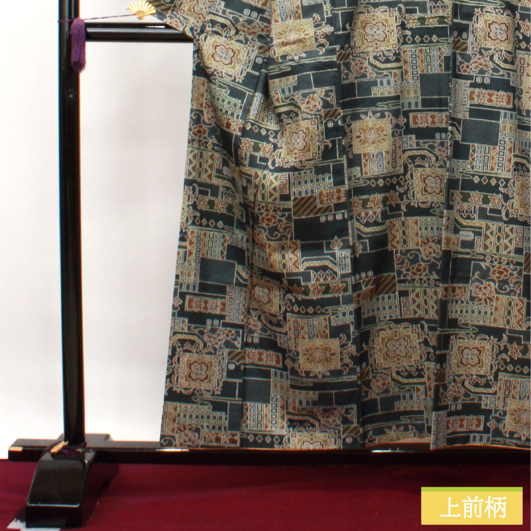 小紋 正絹 身丈156.5cm 裄丈65.5cm 袷 濃紺色 紬地 幾何学模様 しつけ糸付き Sランク 青系 1115003882317