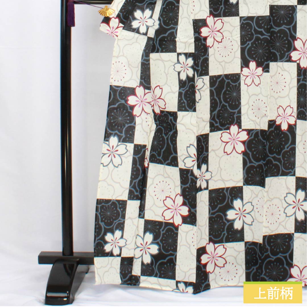 浴衣 木綿 身丈166.5cm 裄丈67cm Sランク 単衣 モノトーン 市松模様 桜 梅 1118006012527