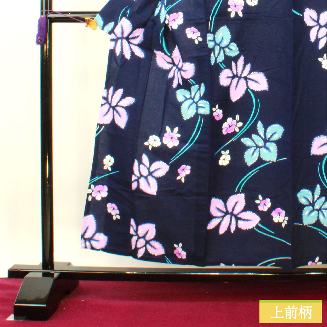 浴衣 木綿 身丈156cm 裄丈64.5cm Sランク 単衣 紺系 濃紺色(のうこんいろ) 菖蒲 椿 1118005182318