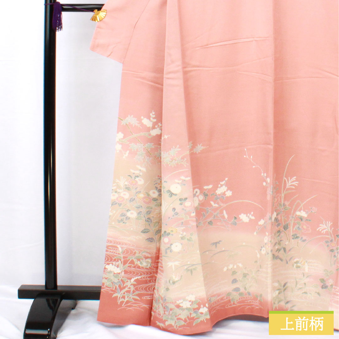 訪問着 正絹 袷 身丈162cm 裄丈64cm 東雲色(しののめいろ) 京友禅 草花模様 しつけ糸付き Sランク ピンク系 1112005692413