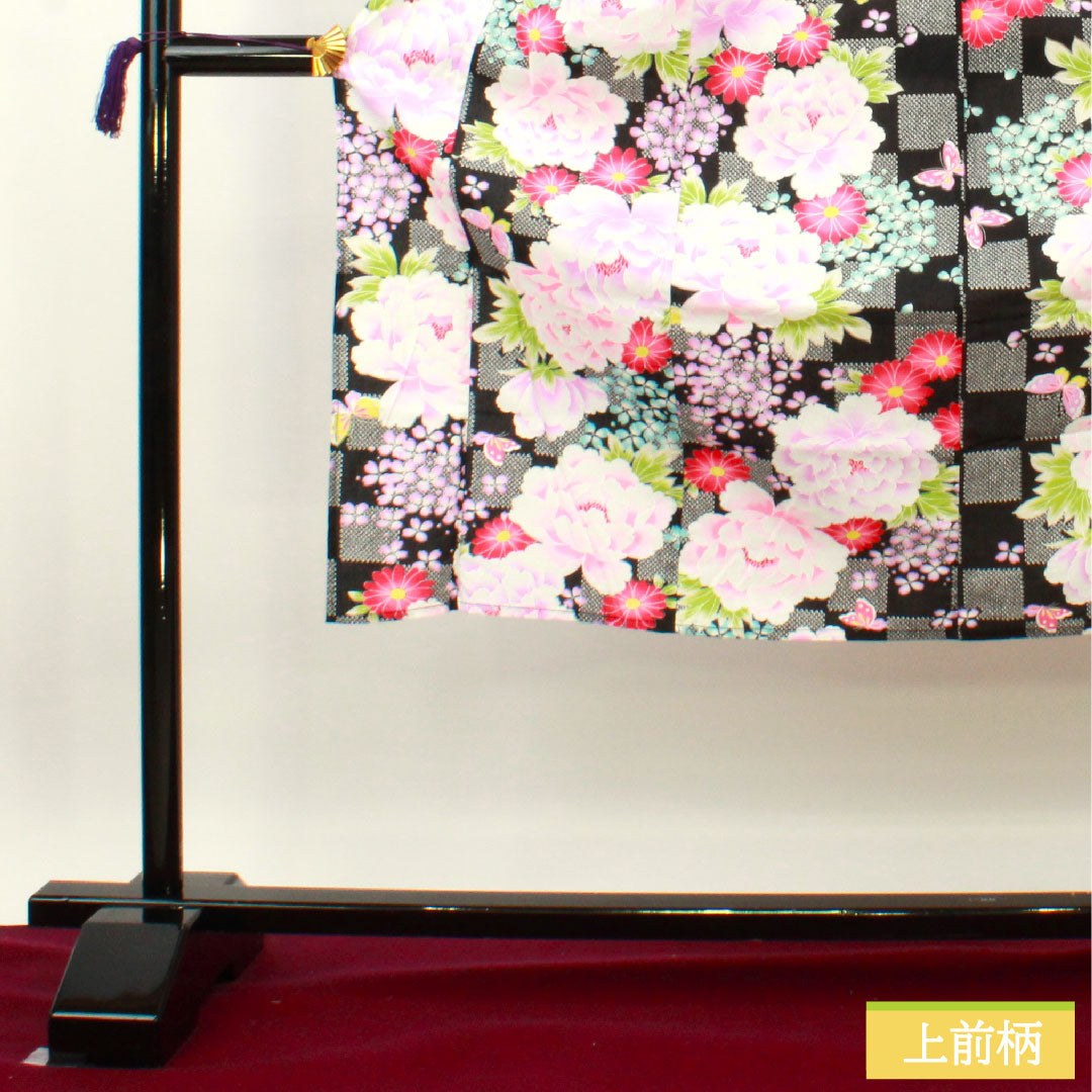 浴衣 木綿 身丈138.5cm 裄丈61.5cm Sランク 単衣 黒系 牡丹 紫陽花 蝶 市松 1118005122110