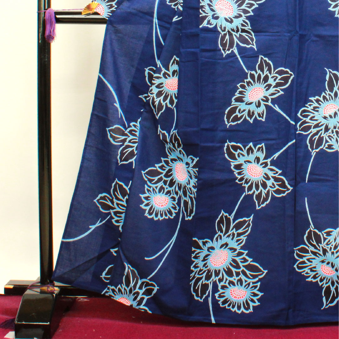 浴衣 しつけ糸付き 未使用品 濃紺色 向日葵 木綿 Sランク 単衣 身丈165cm 裄丈64.5cm 紺系 1118002752518