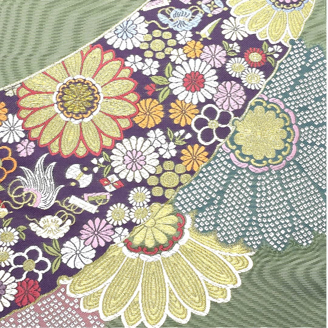 袋帯 山葵色(わさびいろ) 宝尽くし 花柄 高島織物 帯丈435cm 正絹 Sランク 六通 セミフォーマル 緑系 1123007162319