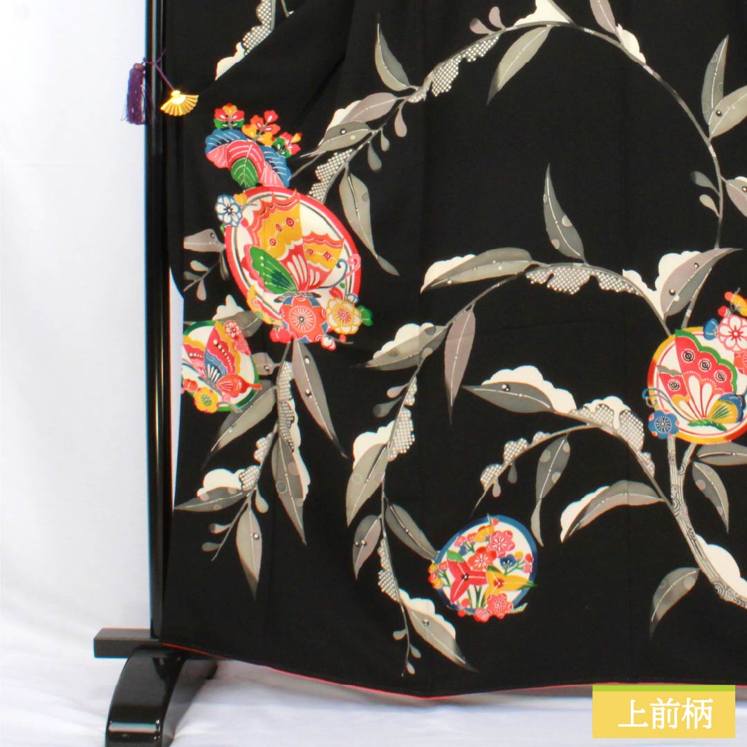 振袖 正絹 Sランク 身丈163.5cm 裄丈66cm 袷 黒色 京紅型 ちりめん地 丸紋 蝶 重ね衿付き 黒系 1113002862410