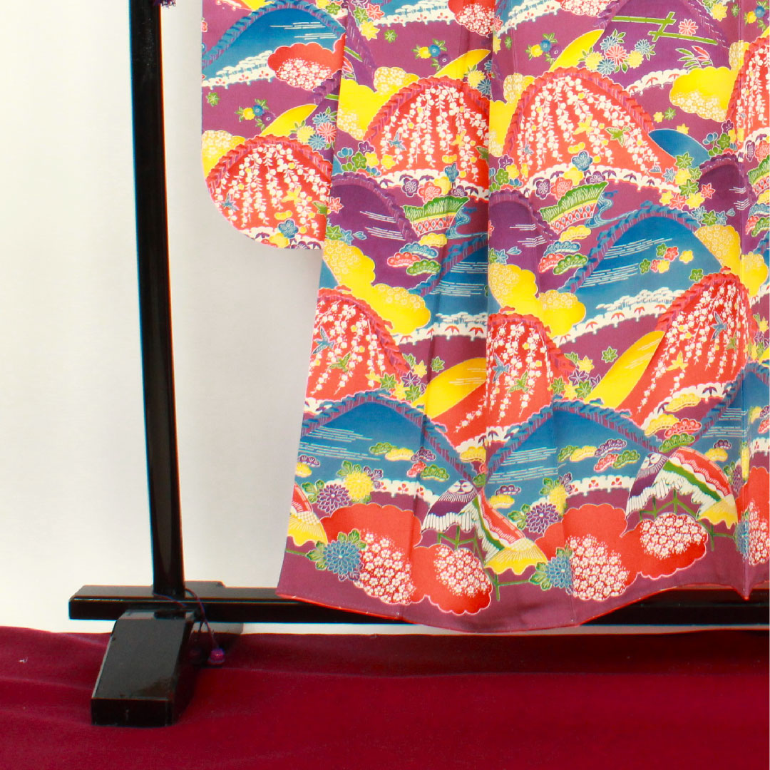 振袖 身丈155cm 裄丈63cm 袷 織葡萄色 型染 遠山 草花模様 正絹 Aランク 紫系 1113000923320