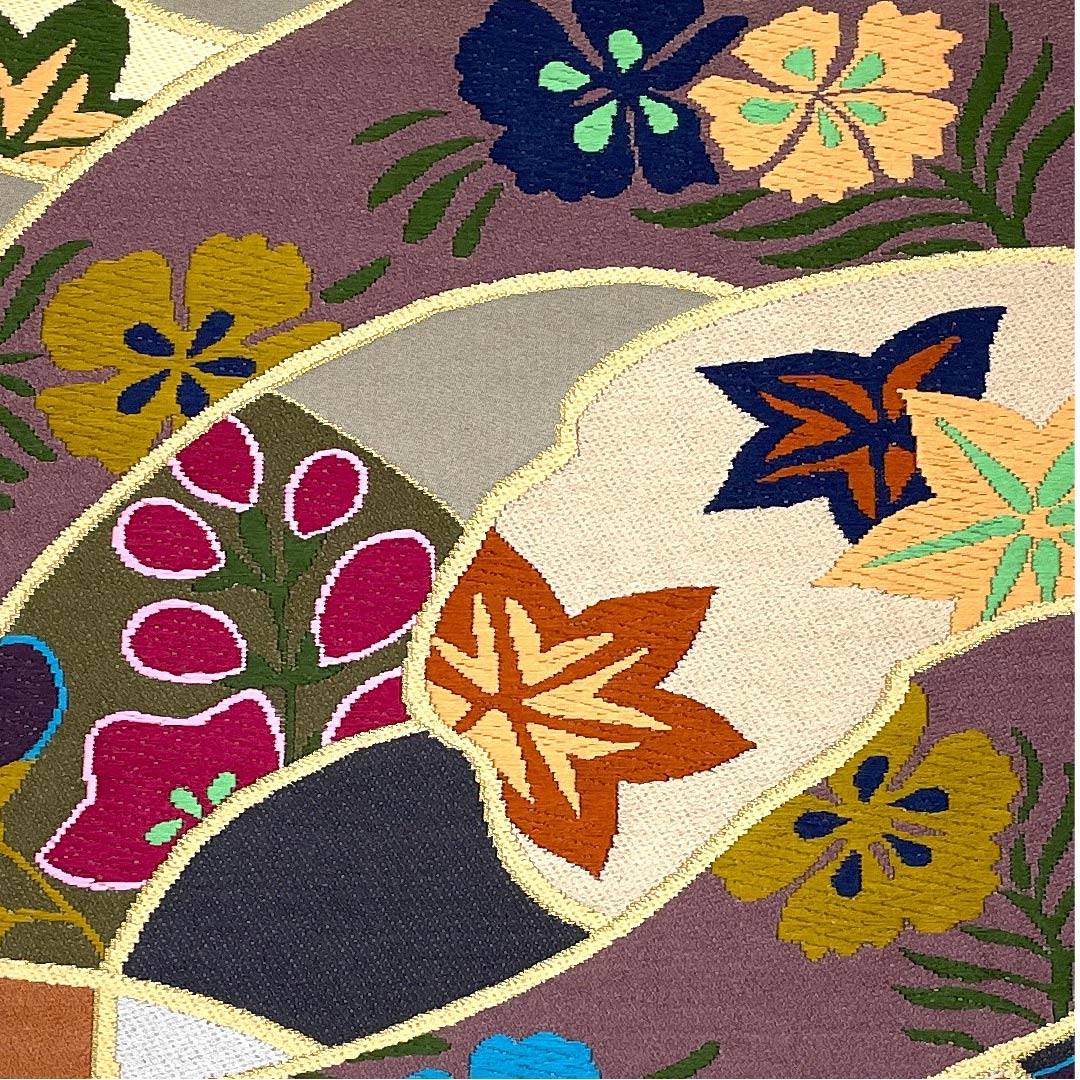 袋帯 消炭鼠色(けしずみねずみいろ) 白綾苑大庭 花柄 帯丈440cm 正絹 Sランク 六通 フォーマル グレー系 1123009362322