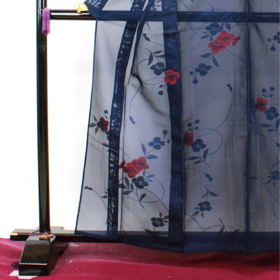 夏物 正絹 小紋 身丈161cm 裄丈64.5cm 濃紺色(のうこんいろ)椿 紗 Sランク 紺系 1132001182418