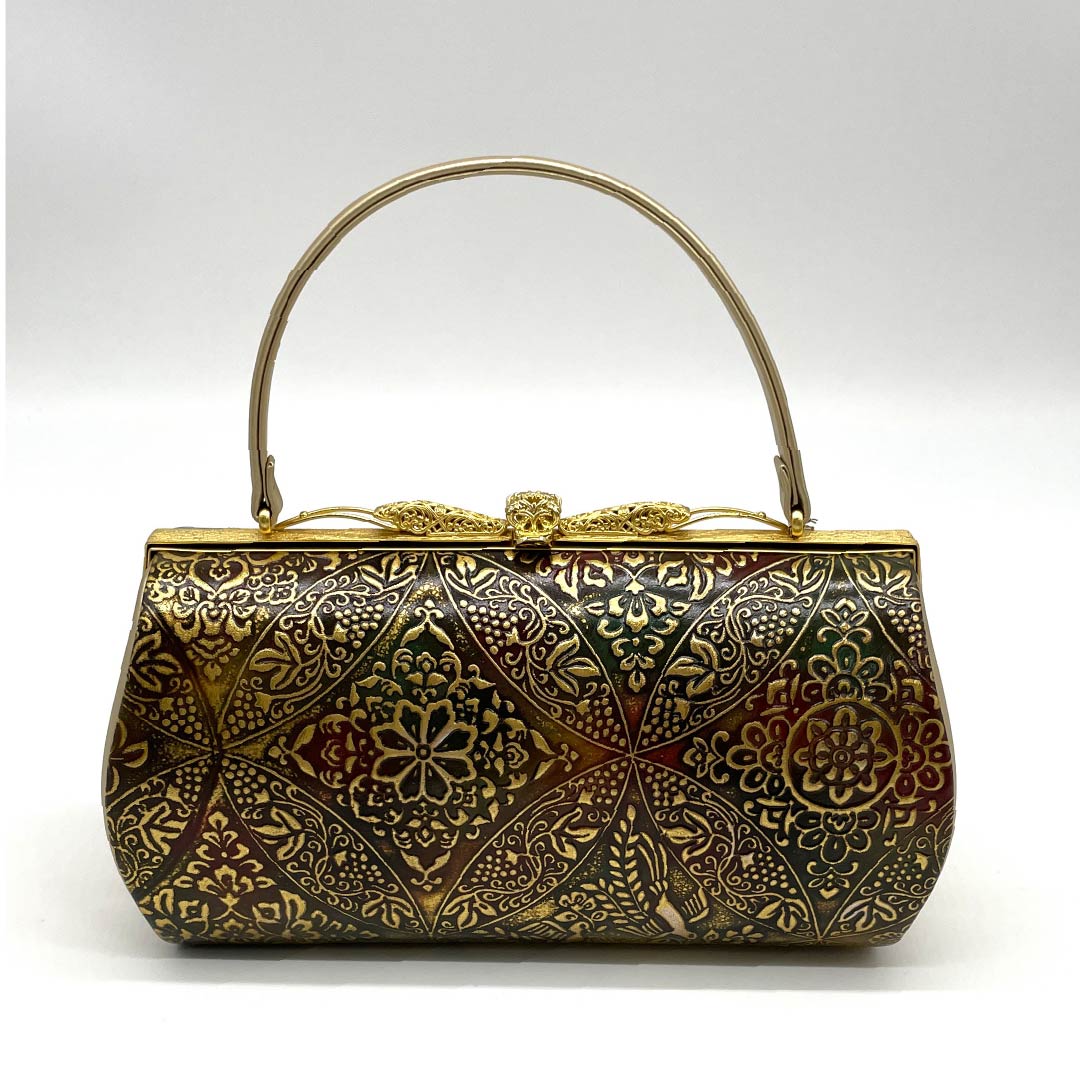 (新古品)草履バックセット フォーマル 褐色(かっしょく) 未使用品 金唐革 七宝 Mサイズ 茶系 Sランク 1133000242314