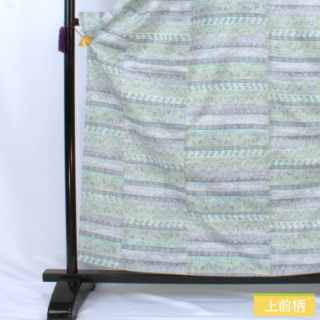 紬 正絹 Aランク 身丈160.5cm 裄丈62.5cm 更紗模様 横段 袷 グラデーション系 1116005103499