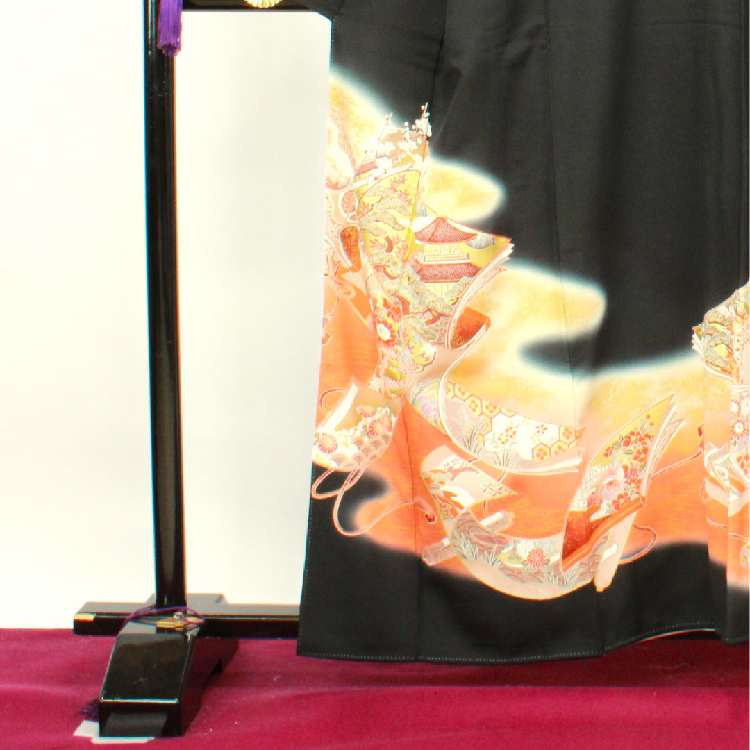 黒留袖 身丈159.5cm 裄丈63cm 袷 京友禅 吉祥文様 丸に並び瓶子 正絹 Aランク 五つ紋 黒系 1111000843310