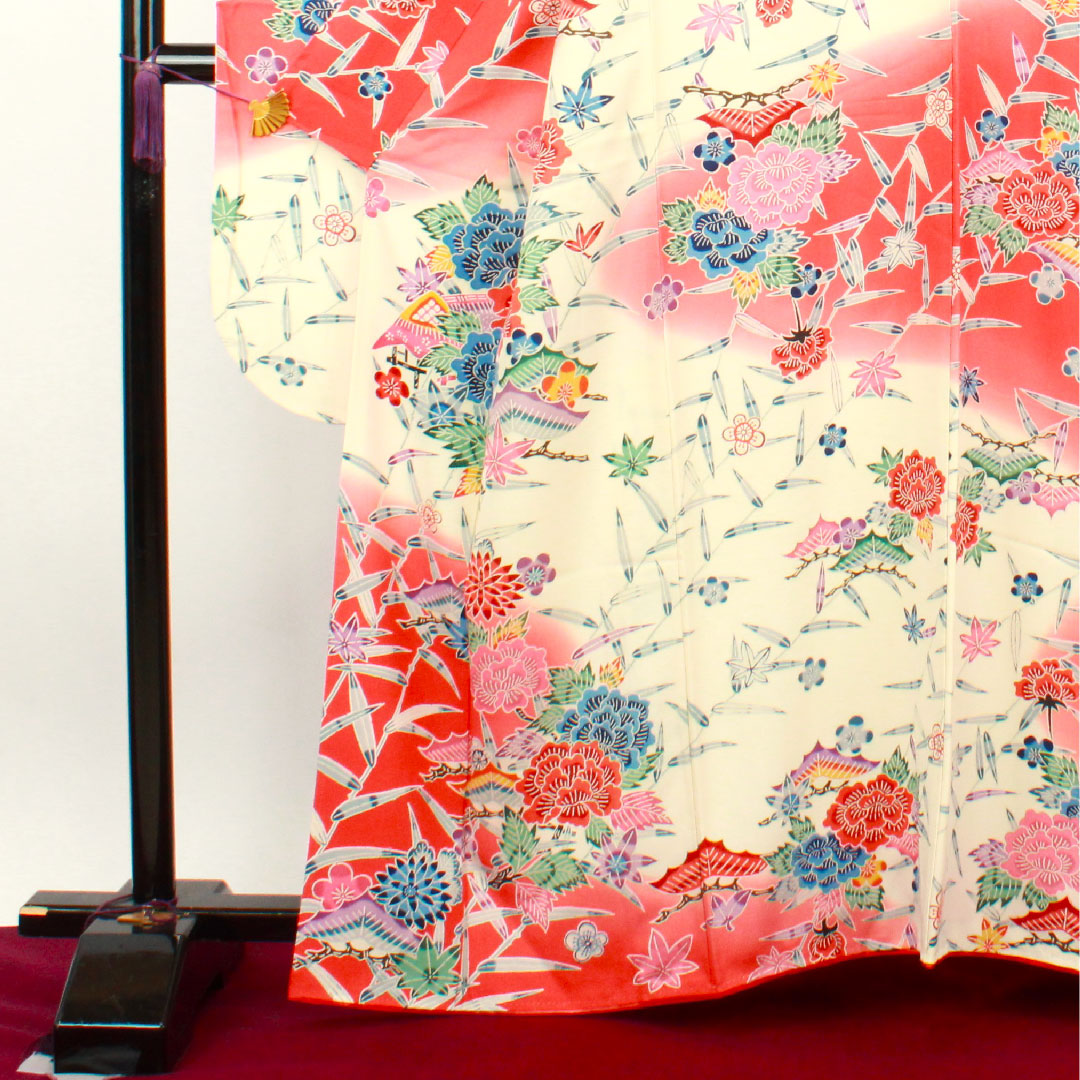 振袖 身丈162cm 裄丈65cm 袷 京紅型 松竹梅 笹 紅葉 正絹 Sランク グラデーション系 1113001612499