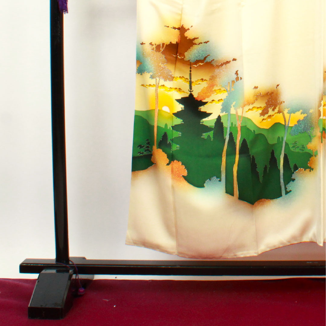 訪問着 袷 身丈152cm 裄丈60cm 砥粉色 風景模様 正絹 Aランク クリーム系 1112001873215