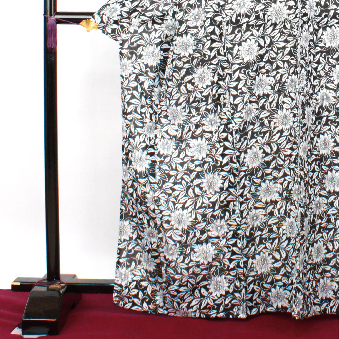 夏物 ポリエステル 小紋 身丈167cm 裄丈68cm 竪絽(たてろ) ガーベラ 洗える着物 絽 Sランク 黒系 1132001762510