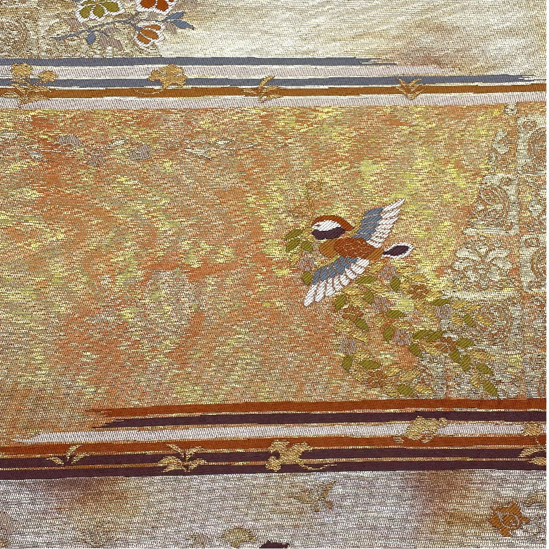 Fukuro Obi (Japanese-style sash) in dark blue with horizontal stripes, phoenix, floral arabesque and butterfly, obi length 430cm, pure silk, A rank, six-pass, semi-formal, gradation style, 1123007963399