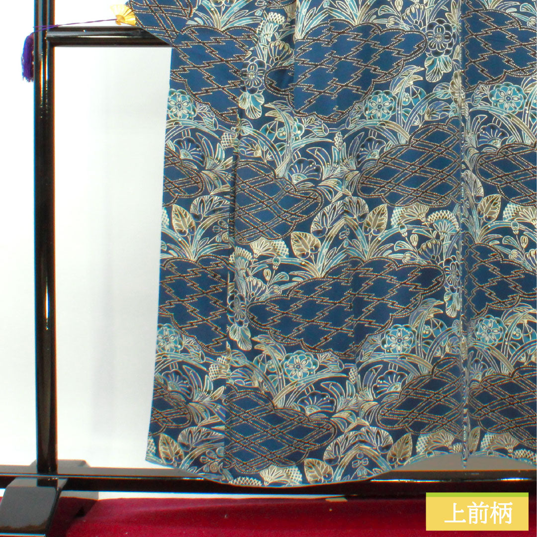 Komon, pure silk, length 156cm, sleeve length 64cm, lined, navy blue, Kyoto Bingata, auspicious motif, A rank, navy blue, 1115004283318