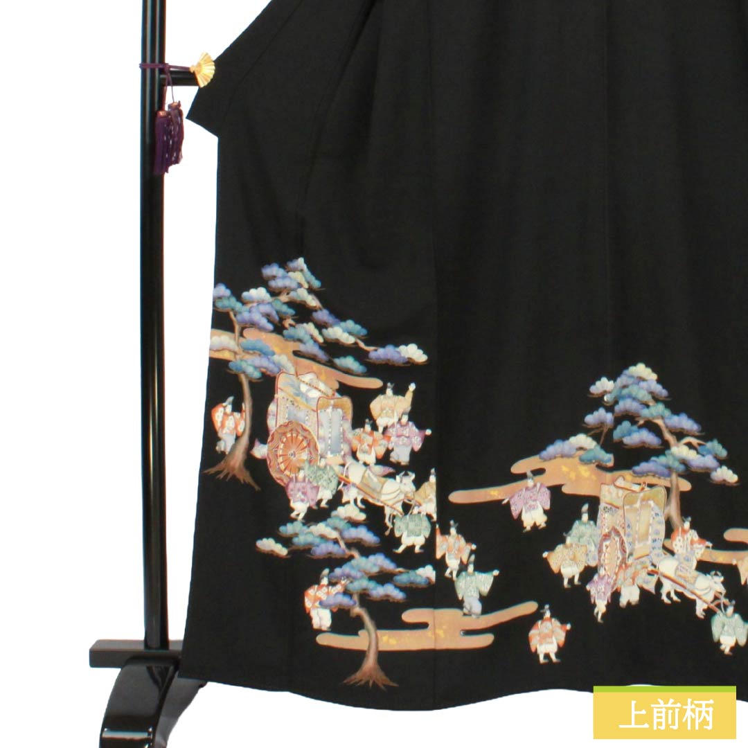 黒留袖 正絹 Aランク 身丈163.5cm 裄丈64.5cm 袷 京友禅 時代人物風景模様 五つ紋 丸に並び扇 比翼付き 五つ紋 黒系 1111002293410