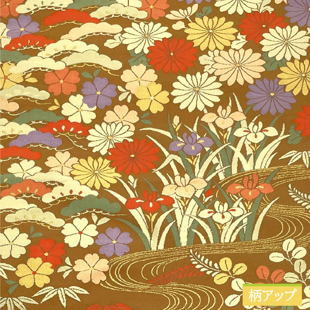 袋帯 正絹 Aランク 紹巴織 流水 草花模様 帯丈432cm 六通 セミフォーマル 茶系 1123016743314