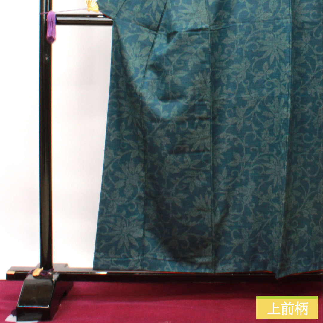 紬 正絹 身丈158cm 裄丈62.5cm 高麗納戸色 草花模様 胴抜き仕立 Sランク 胴抜き 緑系 1116002922319