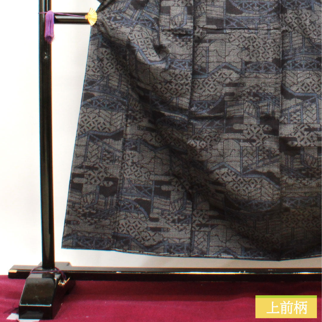 結城紬 正絹 身丈158cm 裄丈62.5cm 抽象模様 しつけ糸付き Sランク 袷 黒系 1116003102310