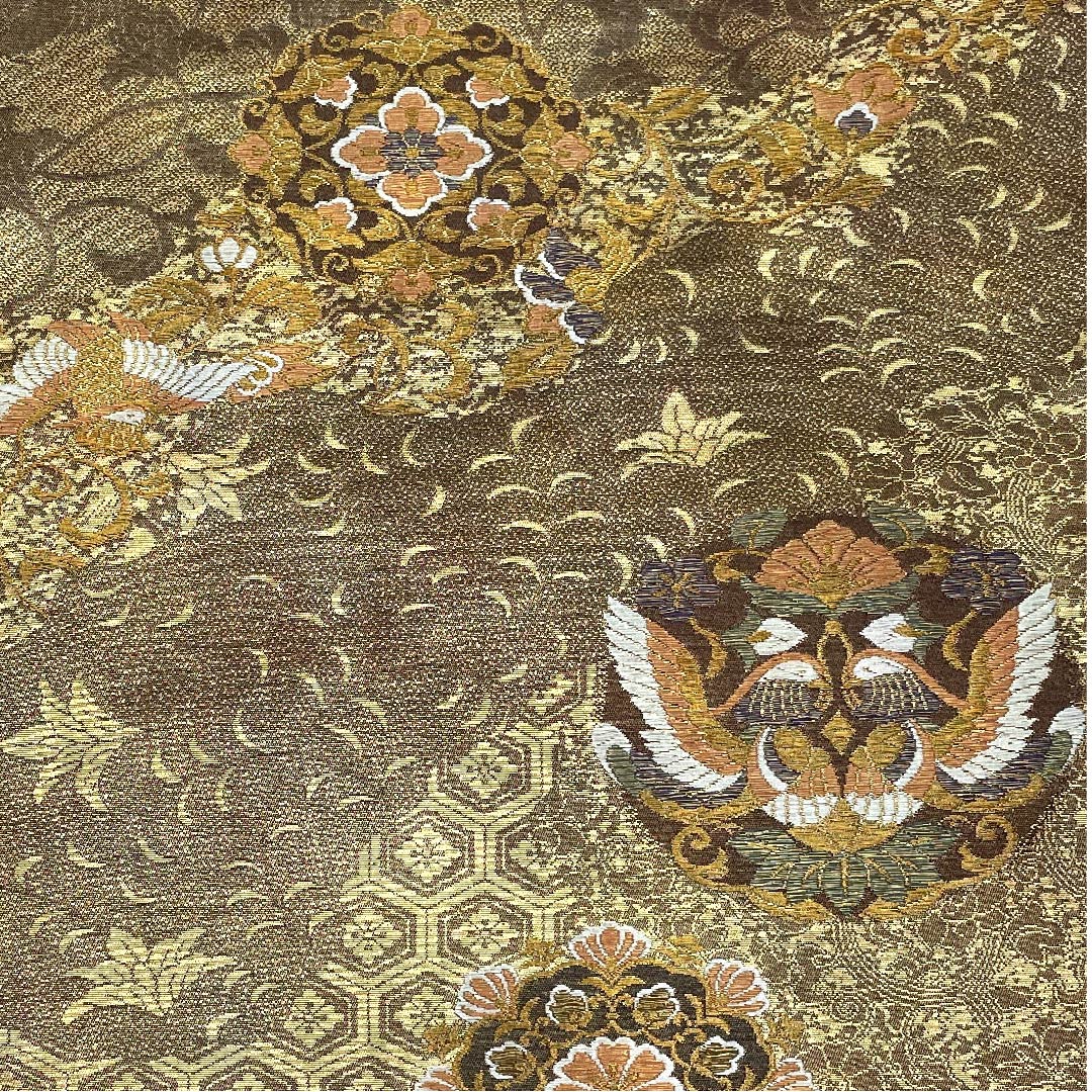 袋帯 金色 宝相華 花唐草 鳳凰 帯丈428cm 正絹 Aランク 六通 フォーマル ベージュ系 1123007593325