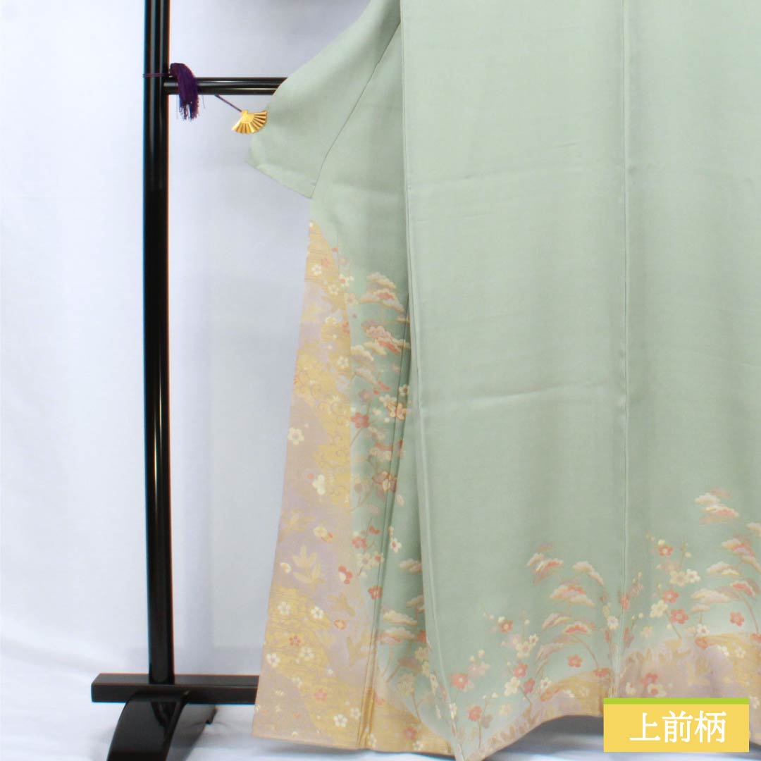 訪問着 正絹 Sランク 袷 身丈161cm 裄丈64cm 百緑色(びゃくろくいろ) 京友禅 草花 三松シルクケア 緑系 1112006222419