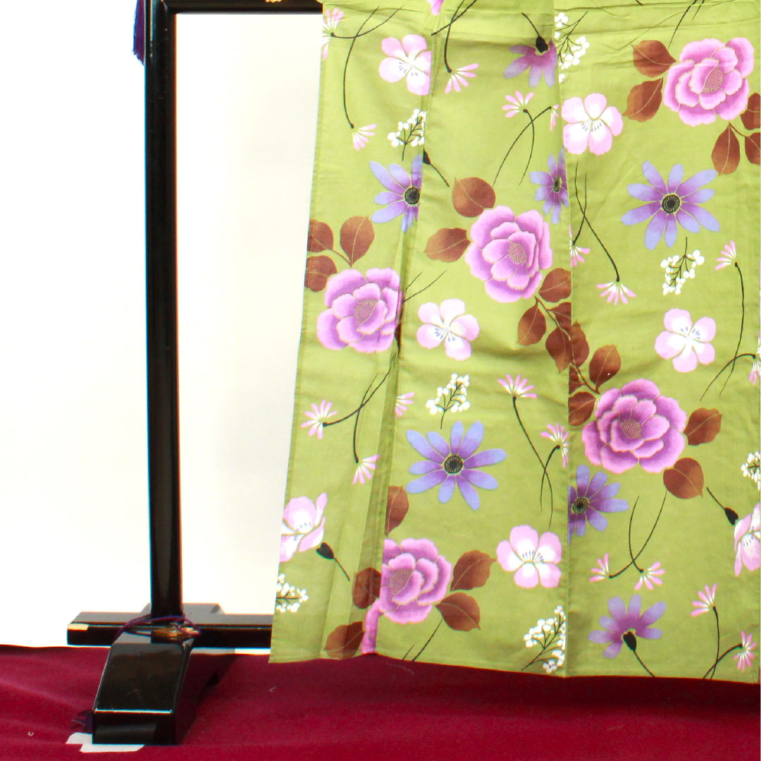 浴衣 緑衫色 草花模様 木綿 Sランク 単衣 身丈162cm 裄丈62cm 緑系 1118001142419