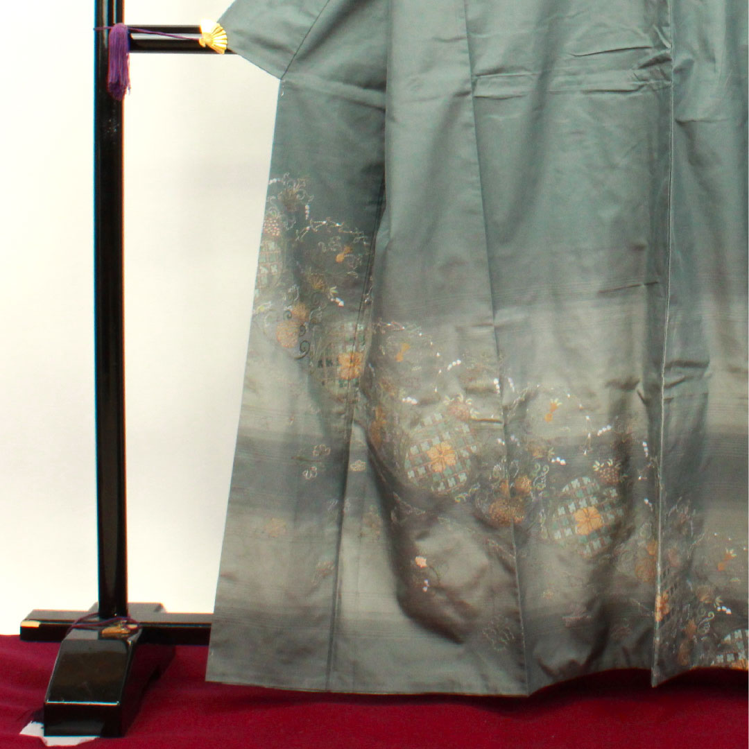 訪問着 正絹 袷 身丈162cm 裄丈65cm 灰青色 蘇州刺繡 紬地 抽象模様 Aランク グレー系 1112002813422