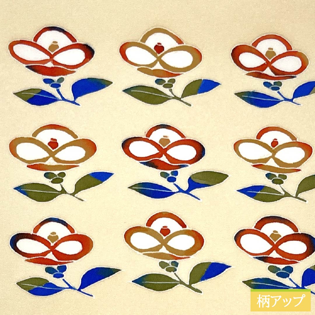 名古屋帯 ポリエステル Sランク 鳥の子色(とりのこいろ) 型染 ちりめん地 椿 帯丈372cm ポイント柄 カジュアル クリーム系 1124010812315 開き仕立て