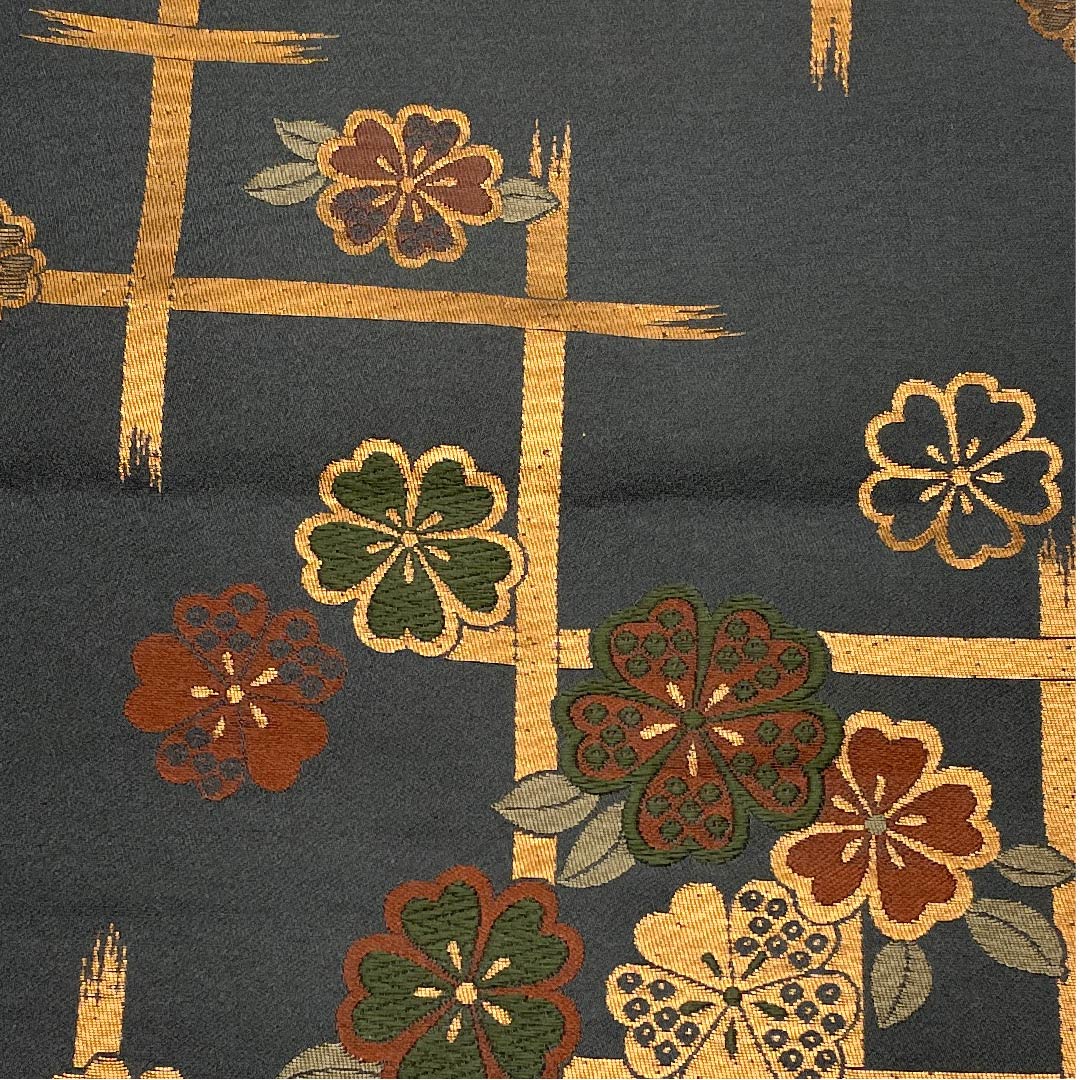 名古屋帯 京袋帯 具墨色 桜 井桁 帯丈374cm ポリ Aランク 六通 セミフォーマル グレー系 1124003313322 開き仕立て