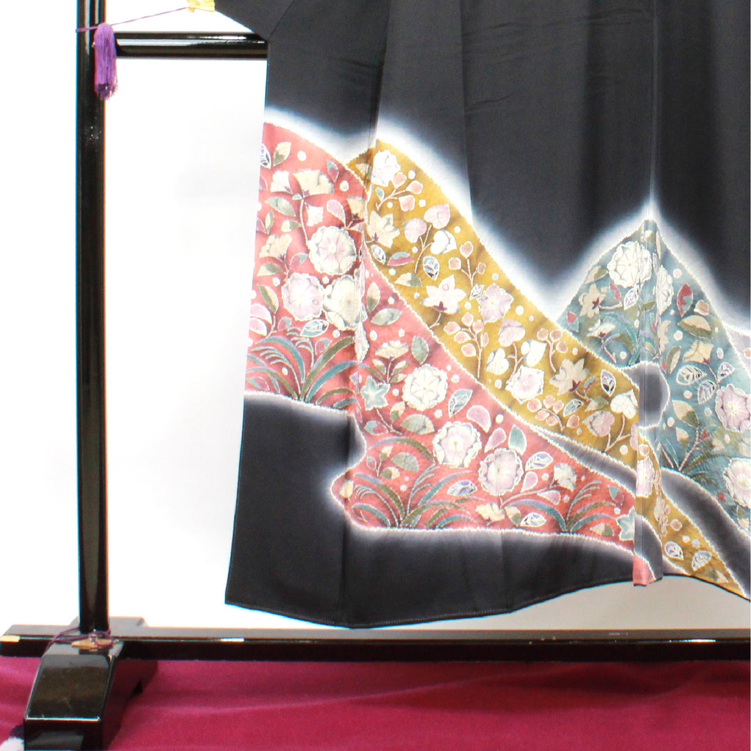 黒留袖 身丈150cm 裄丈63.5cm 袷 桐屋翠山工房 辻ヶ花 丸に沢瀉 正絹 Sランク 五つ紋 黒系 1111001122110