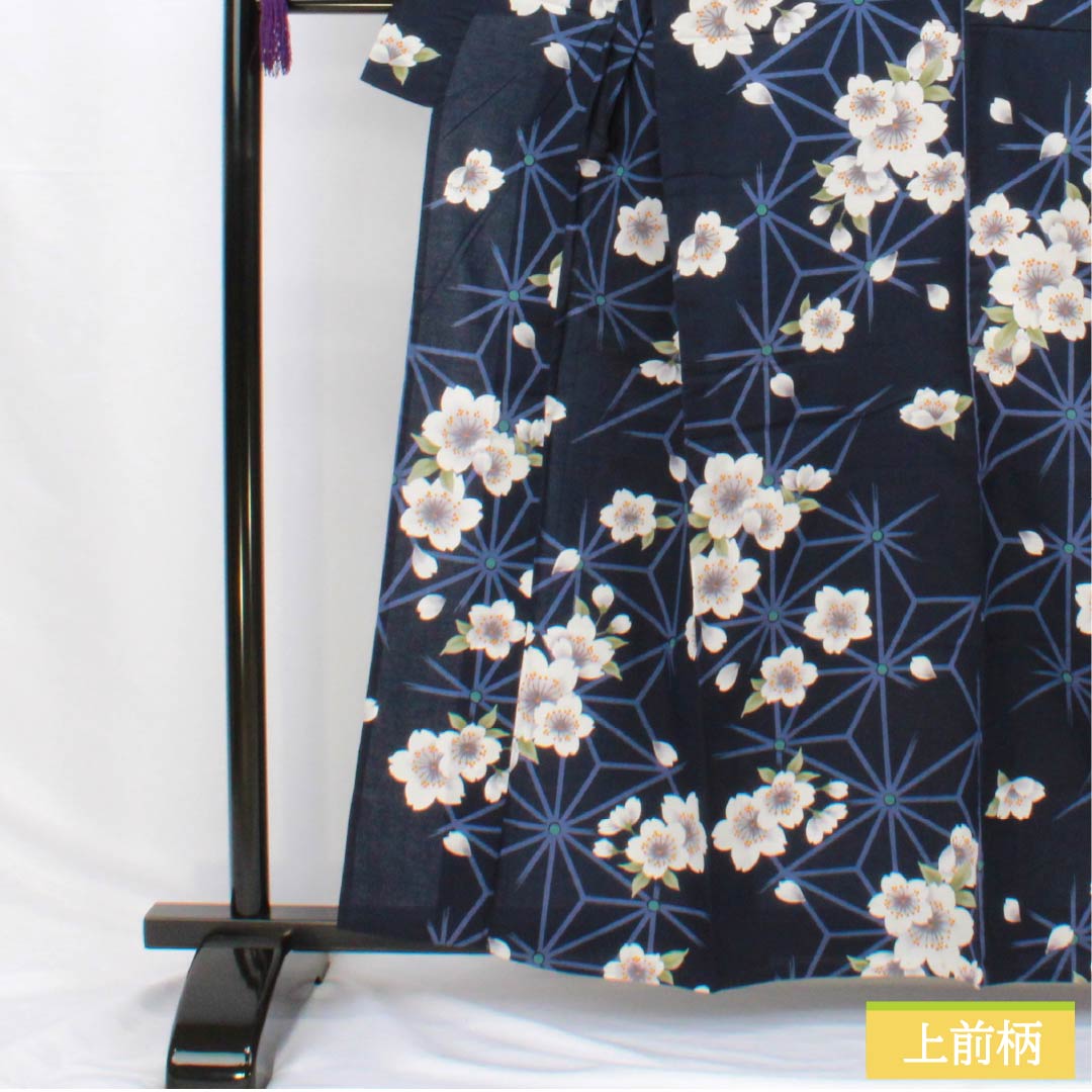 Cotton Yukata, Length 160cm, Sleeve Length 65cm, S Rank, Single Layer, Navy Blue, Cherry Blossom Design, 1118006162418