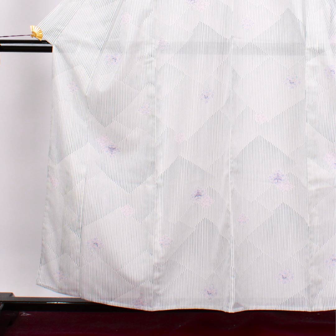 Summer polyester komon, length 160cm, sleeve length 63cm, fish belly white, bird, floral arabesque, diamond pattern, silk, S rank, white, 1132000342411