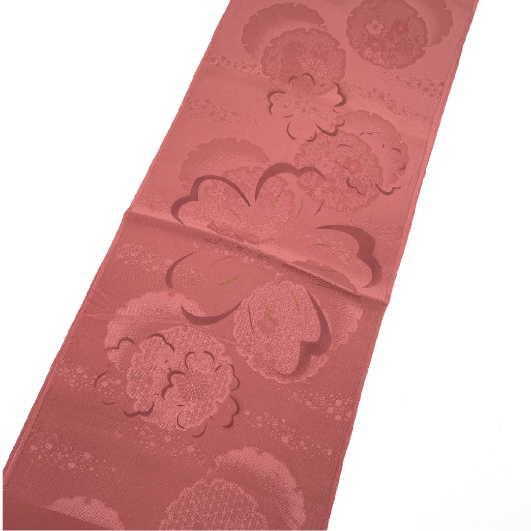 (新古品) 帯揚げ 正絹 フォーマル 紅梅色(こうばいいろ) 雪輪 桜 七宝 長さ約168cm 幅約30cm Sランク ピンク系 1136000212913