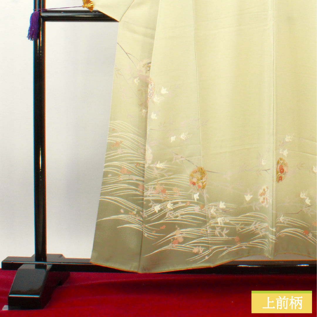 訪問着 袷 身丈155cm 裄丈63cm 利休白茶色 京友禅 吉祥文様 正絹 Sランク 緑系 1112003902319