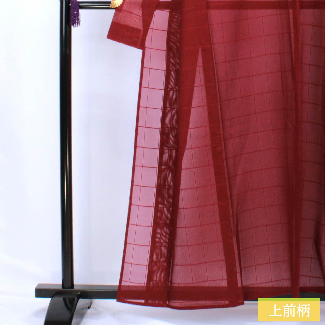Summer pure silk tsumugi (pongee) kimono, length 159cm, sleeve length 64.5cm, crimson color, woven gauze pattern, checkered pattern, A rank, vermilion, 1132002763316