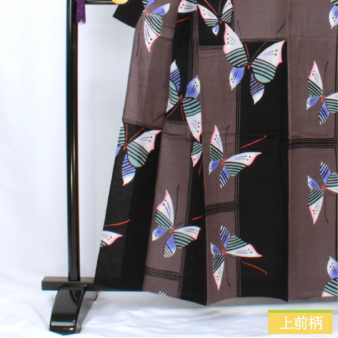 浴衣 木綿 身丈158cm 裄丈67cm Bランク 単衣 モノトーン 蒲萄鼠色(ぶどうねずいろ) 蝶 1118005824327
