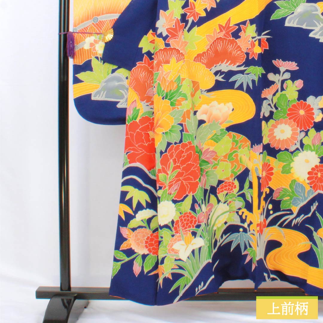 振袖 正絹 Aランク 身丈153cm 裄丈60.5cm 袷 型染 吉祥文様 梅 菊 ちりめん地 重ね衿付き 青系 1113002233217