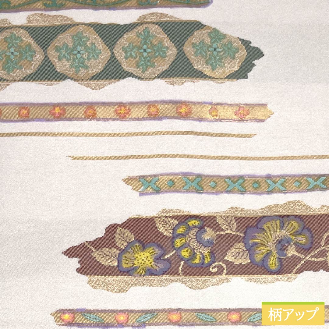 名古屋帯 ポリエステル Sランク 古典柄 横段調 唐花 帯丈372cm ポイント柄 セミフォーマル 白系 1124010792311 名古屋仕立て