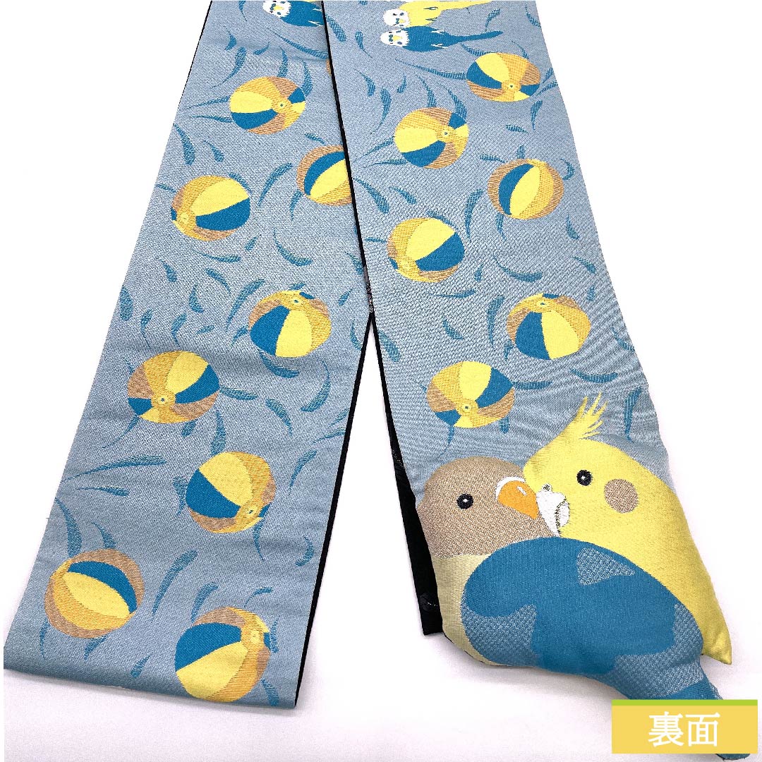 半幅帯 黒色 動物柄 鳥 ハシビロコウ インコ リバーシブル 帯丈450cm 正絹 黒系 NEWランク 1125000741910