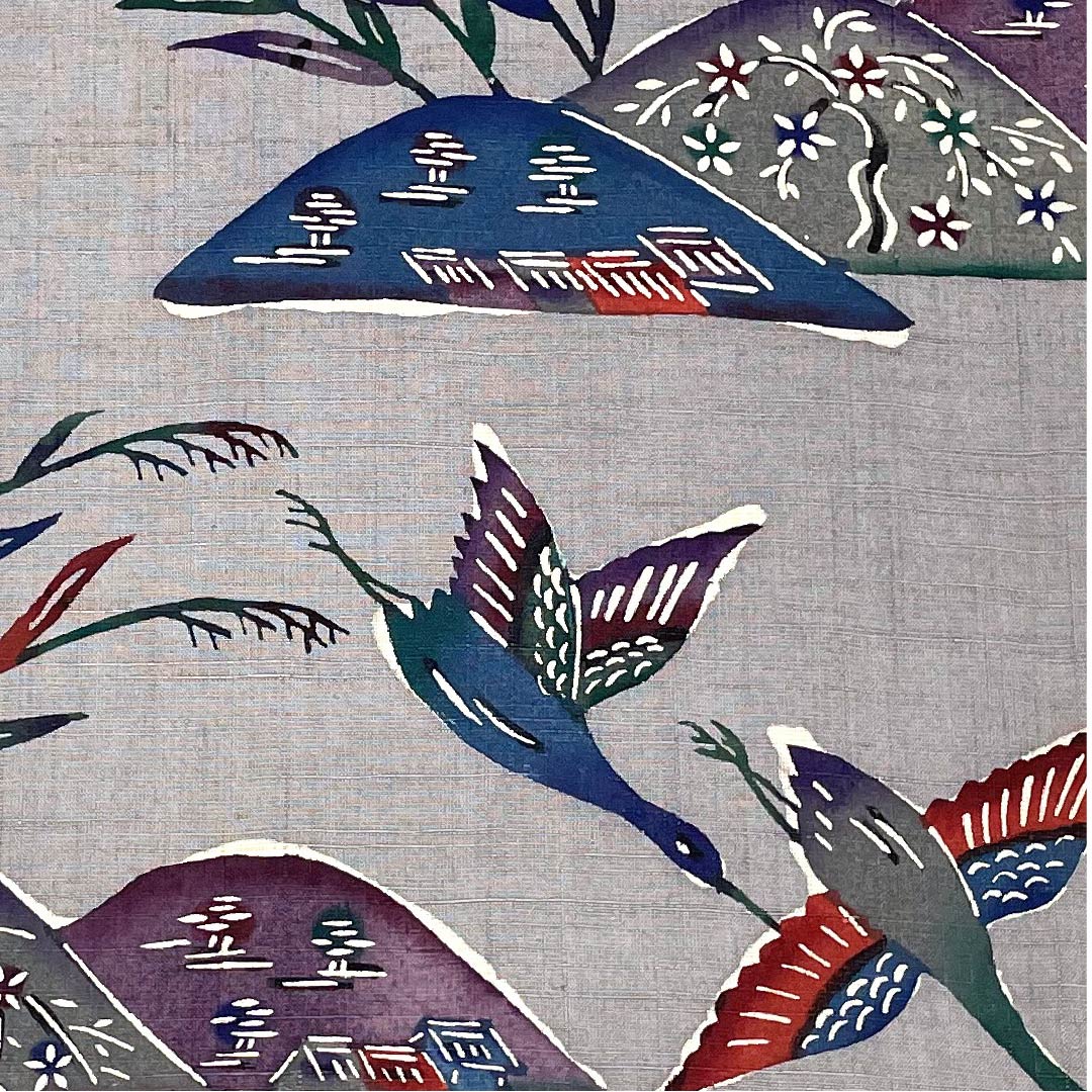 名古屋帯 錫色 鳥 里山の風景 帯丈376cm 正絹 Aランク 全通 カジュアル グレー系 1124005173322 名古屋仕立て