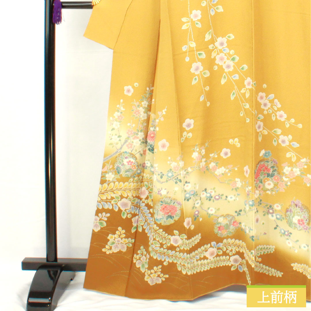 訪問着 正絹 袷 身丈163cm 裄丈69cm 黄唐紙色(きからかみいろ) 京友禅 桜 菊 撫子 ニューはればれ加工 Sランク 黄系 1112005152423