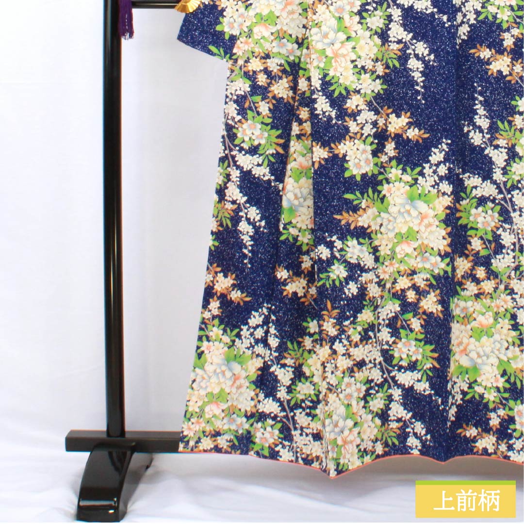 Small pattern, pure silk, length 158cm, sleeve length 63cm, lined, lapis lazuli, stencil dyeing, all-flower pattern, with basting thread, S rank, navy blue, 1115005372318